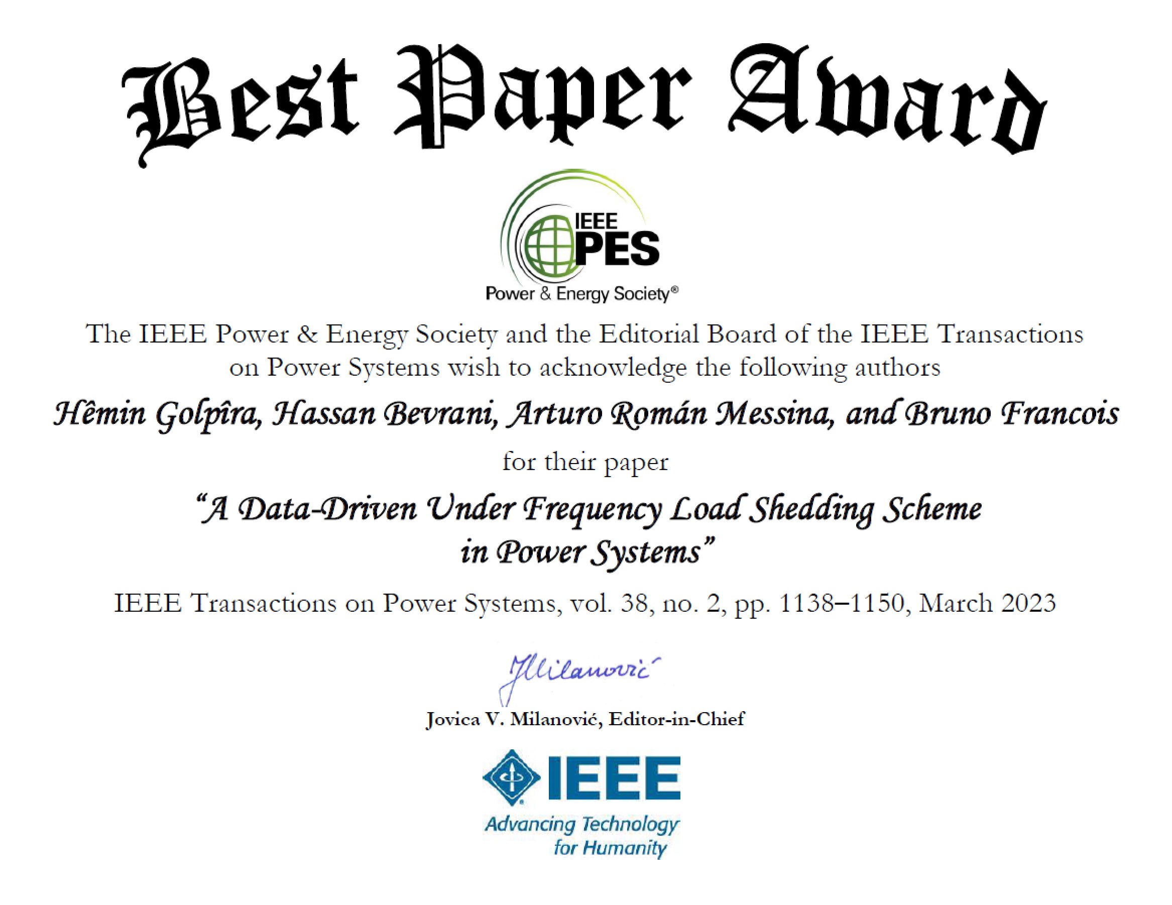 IEEE PES Best Paper Award certificate